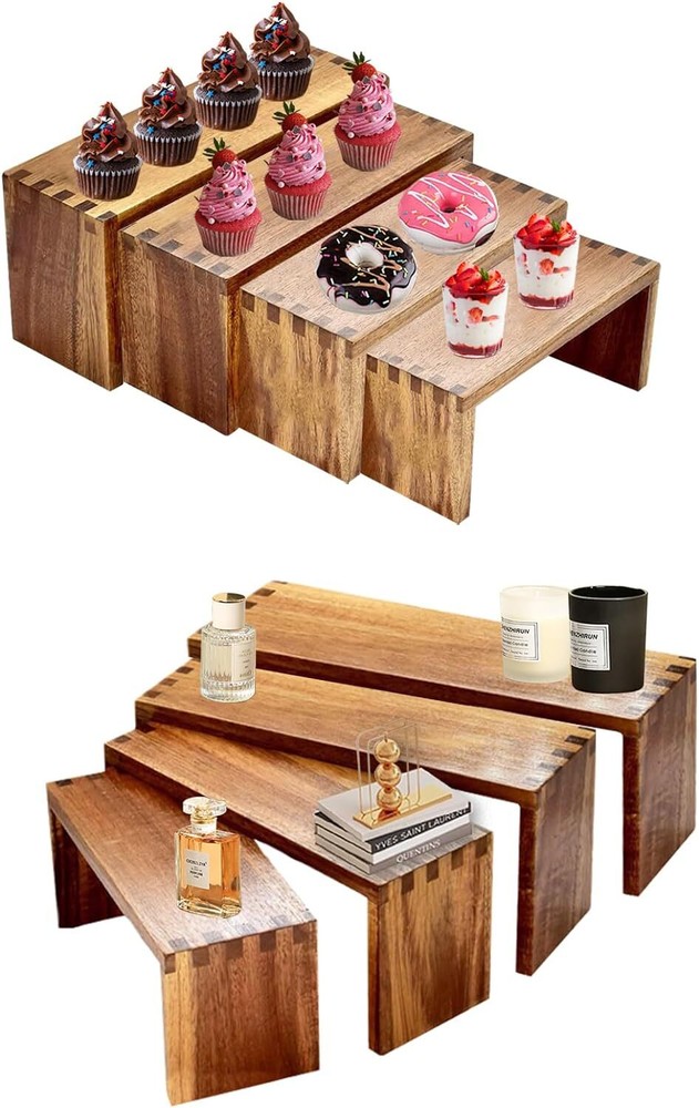 GYSYELL 8Pcs Wood Risers Display Stands 2 Set,4 Tier Rectangular Spice Acacia