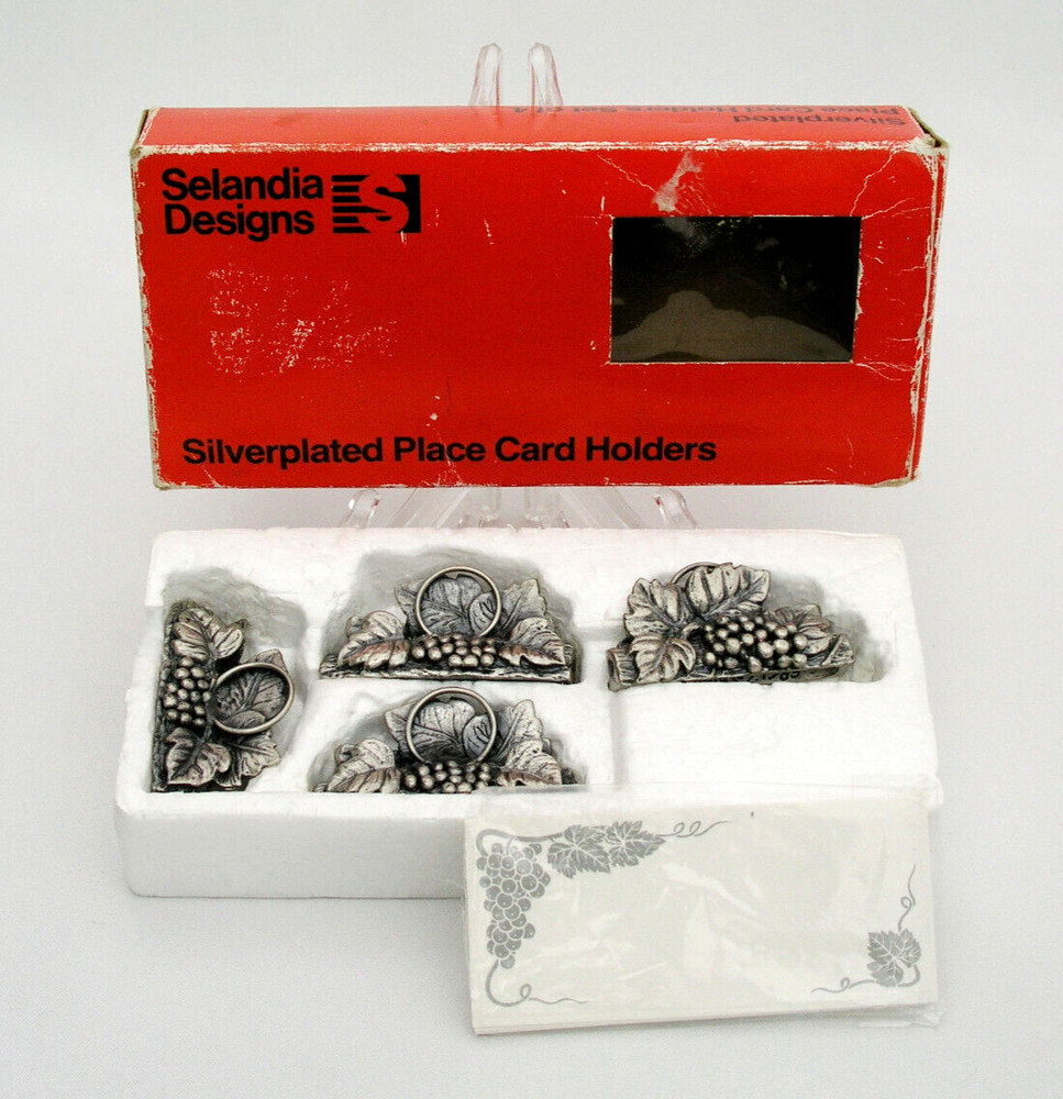 SELANDIA SILVERPLATED PLACE CARD HOLDERS - SET OF (4) - GRAPE & LEAF DESIGN 1983