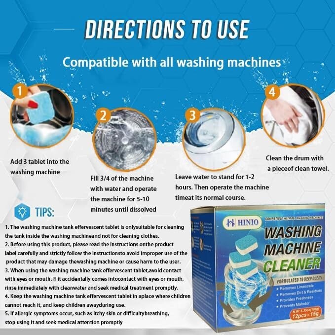 Hinio Washing Machine Cleaner Descaler 24 Pack Deep Solid Clean For HE Tablets