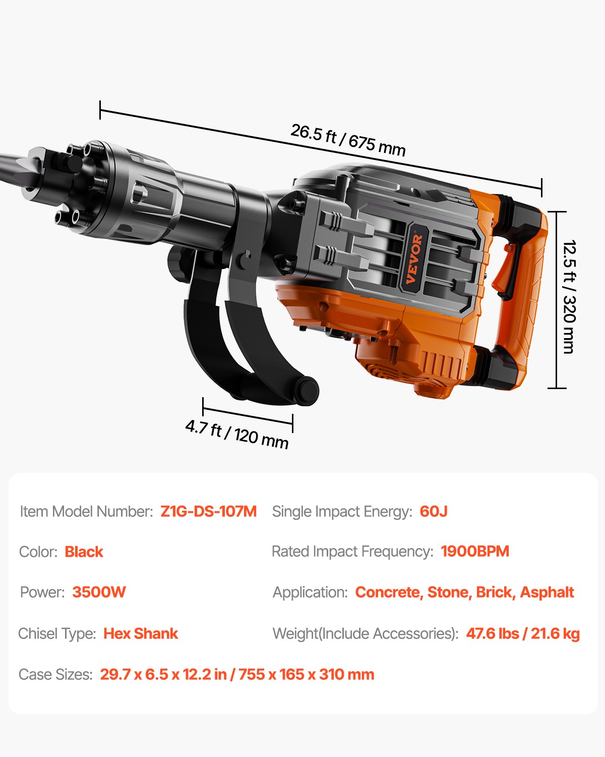VEVOR 3500W Demolition Jack Hammer Concrete Breaker, Black