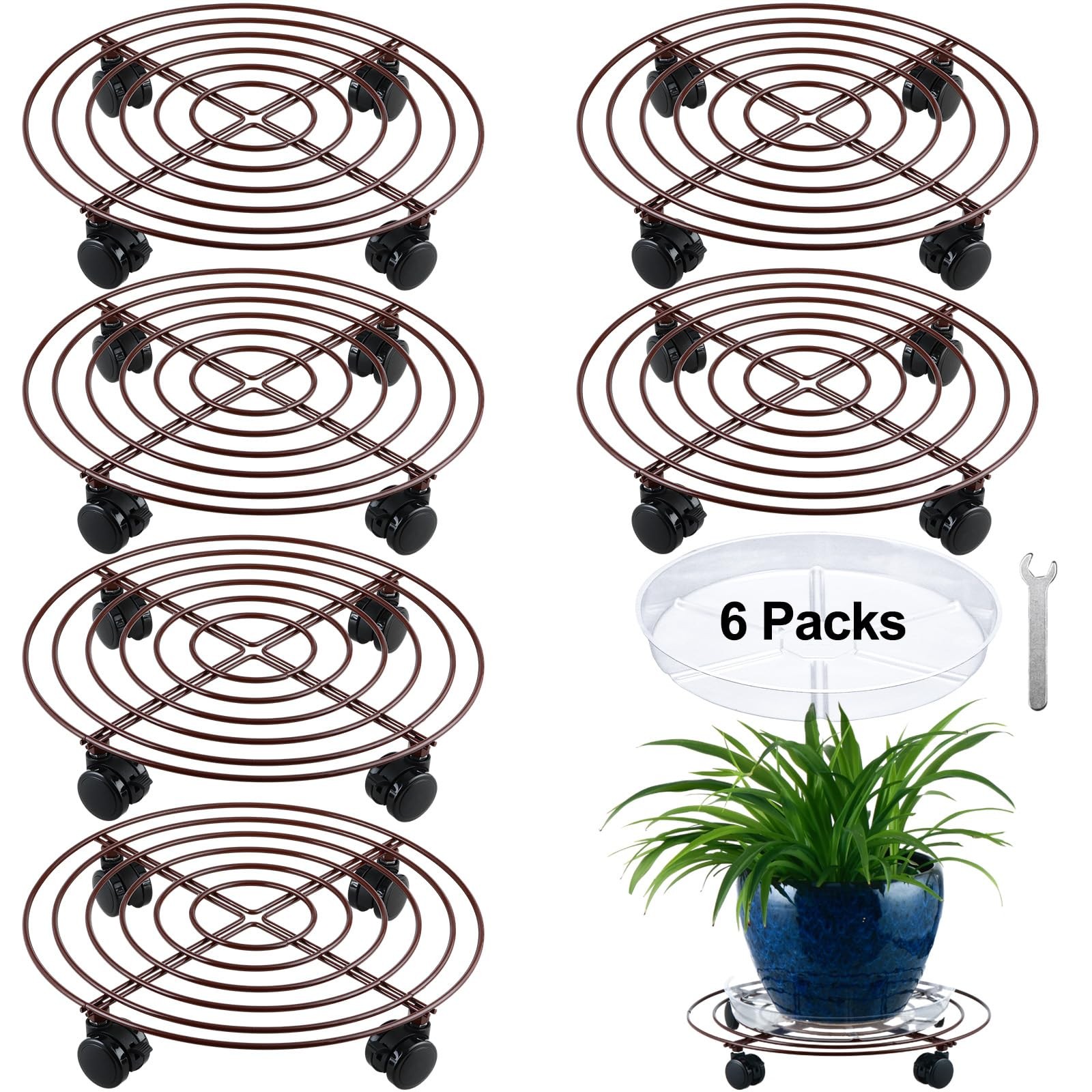 6 Packs Large Metal Plant Caddy with Wheels 14" Rolling Plant Stands Heavy-du...