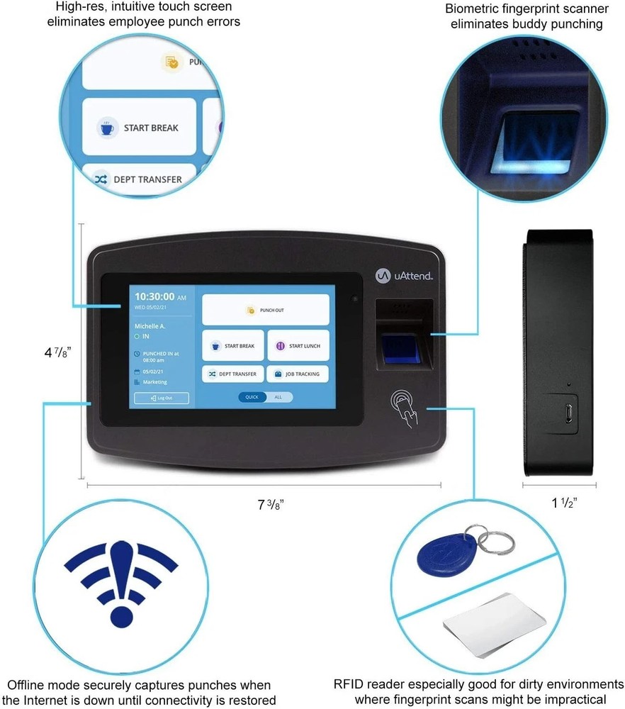 uAttend JR2000 Cloud Connected Biometric Touch Tablet Fingerprint PIN Time Clock