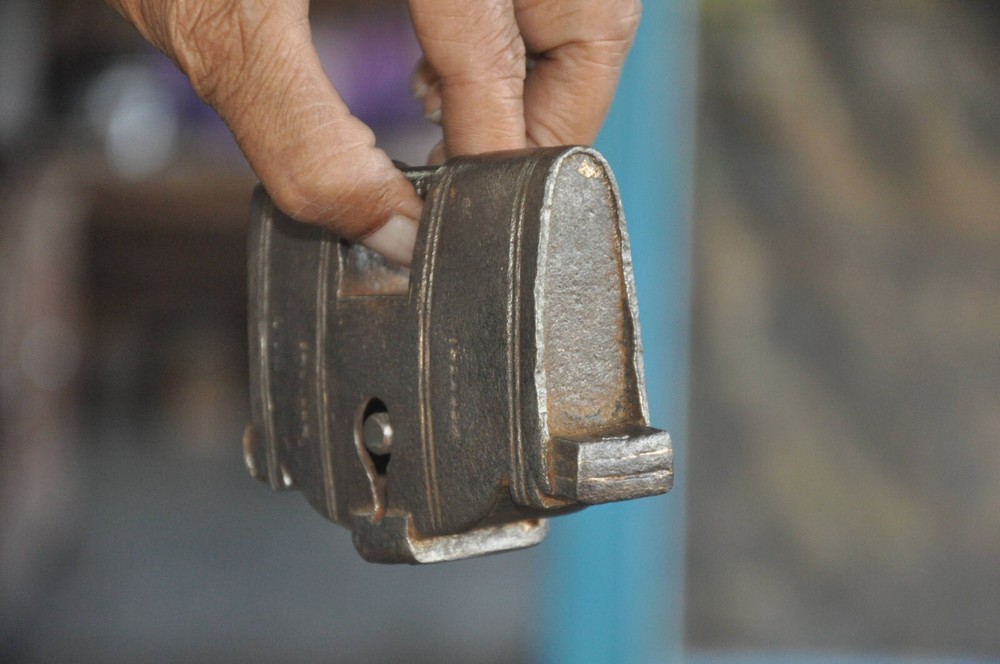 Vintage Unique Solid Lines Engraved Iron Handcrafted Padlock, Nice Patina
