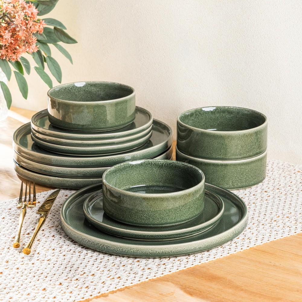 Ceramic Dinnerware Sets, Handmade Reactive Glaze Stoneware Plates and Bowls S...