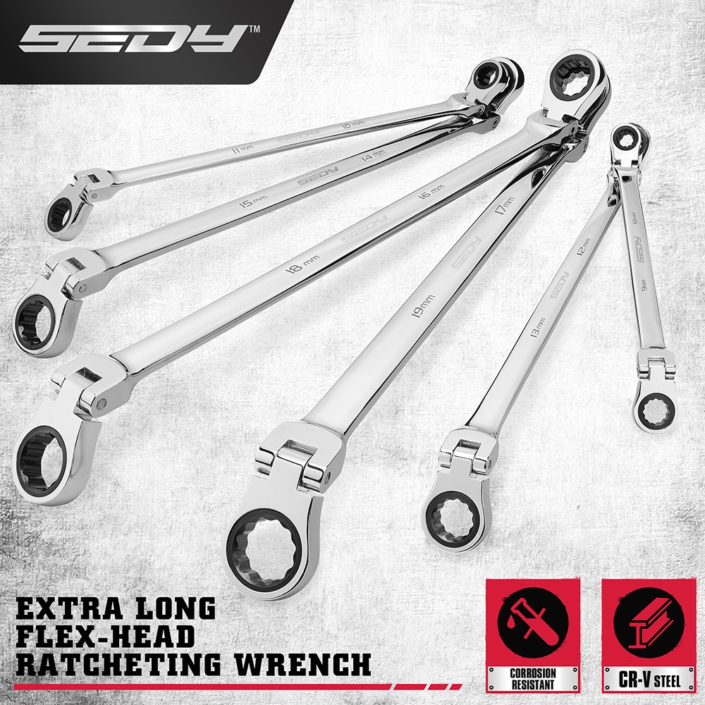 6Pcs Extra Long Ratcheting Wrenches Spanner Set Double Box End Flex-Head Metric