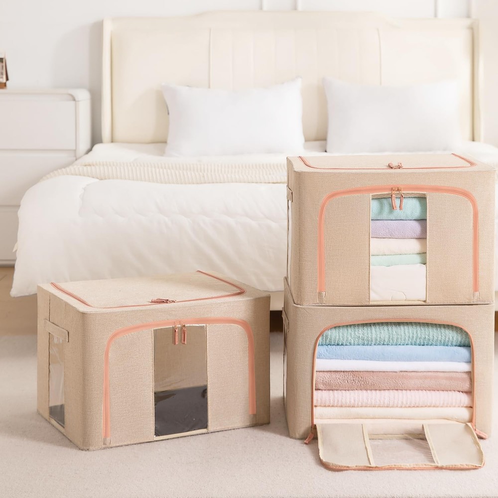 3 Pack 24L Stackable Clothes Storage Bins with Metal Frame Handles & Zipper, ...