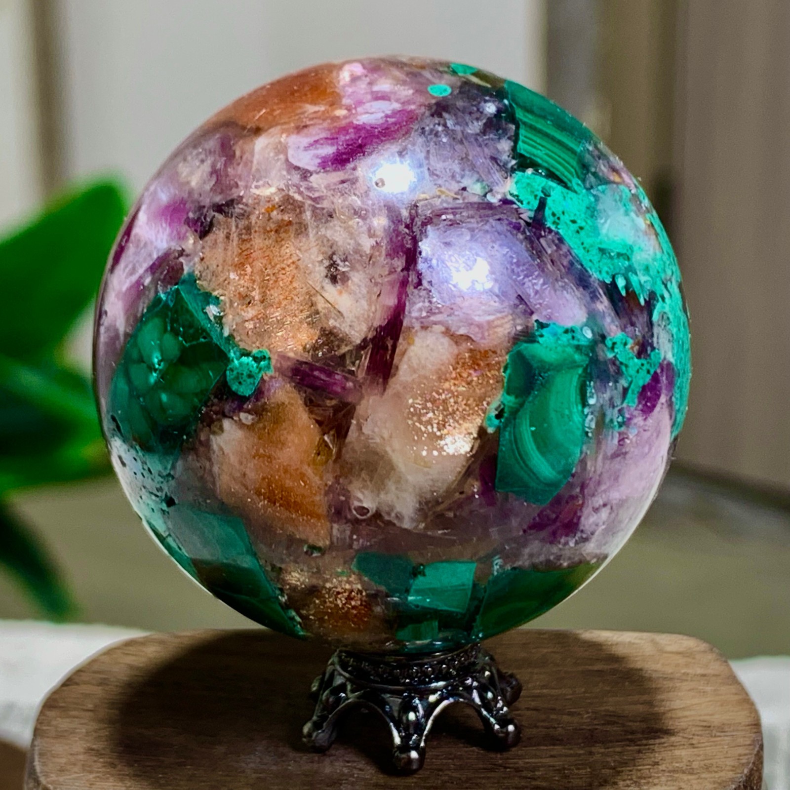 117G Newly discovered rare malachite purple mica symbiotic sphere restoration