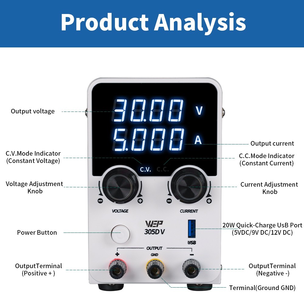 DC Power Supply Adjustable 0-30V 5A Lab Variable Bench Switching High Precision