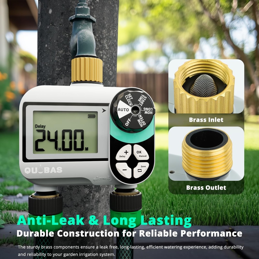2 Zone Sprinkler Timer with Brass Inlet & Outlet, Programmable Water Timer fo...