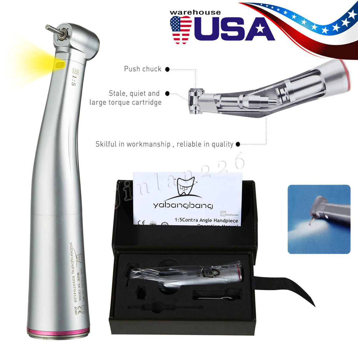 Dental 1:5 Increasing Contra Angle LED Optic Handpiece Fit NSK Electric Motor