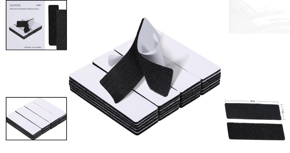 20 Sets Heavy Duty Hook & Loop Adhesive Strips 1x4” Black Sticky Back Fastener