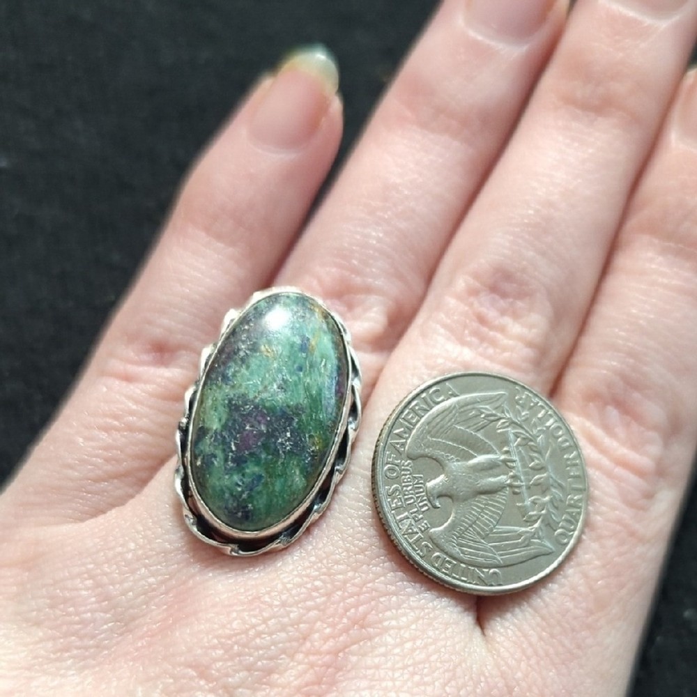 Silver Plated Green Ruby Fuchsite Gemstone Oval Statement Ring - Size 7