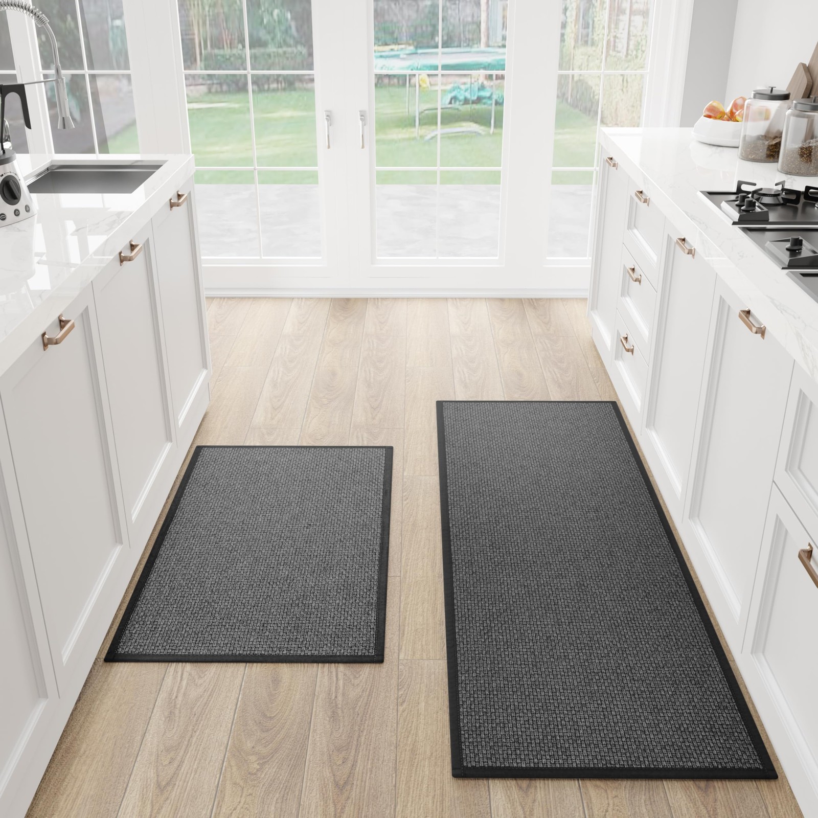 SUMLANS Kitchen Mat Set of 2 PCS, 17.3"x47"+17.3"x30" (Set 2), Black