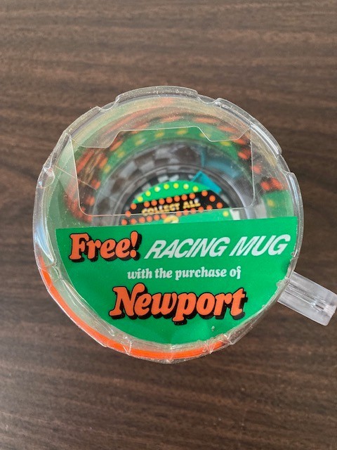 Vintage Newport Pleasure Plastic Mug with Indy F1 Race Car Cigarette Advertising