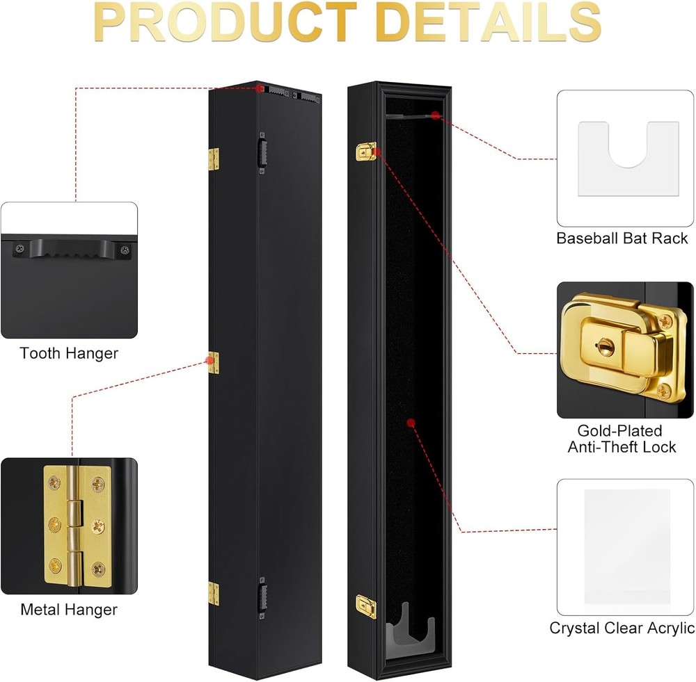 Baseball Bat Display Case Wall Mounted Vertical or 1 bat display, Black