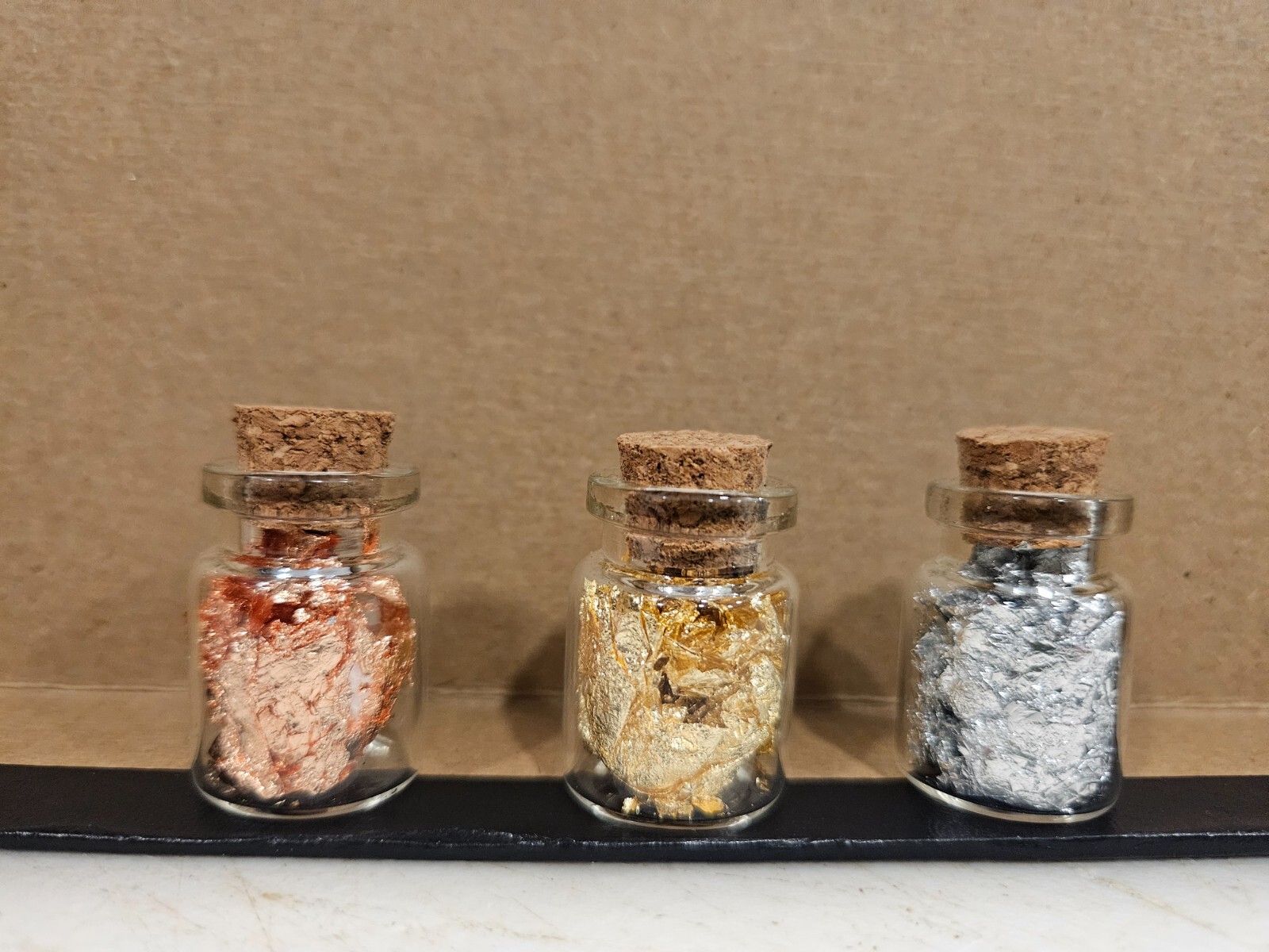 3 medium 1" Vials Filled Full of BIG Gold Leaf Flakes, Silver Flake, and Copper