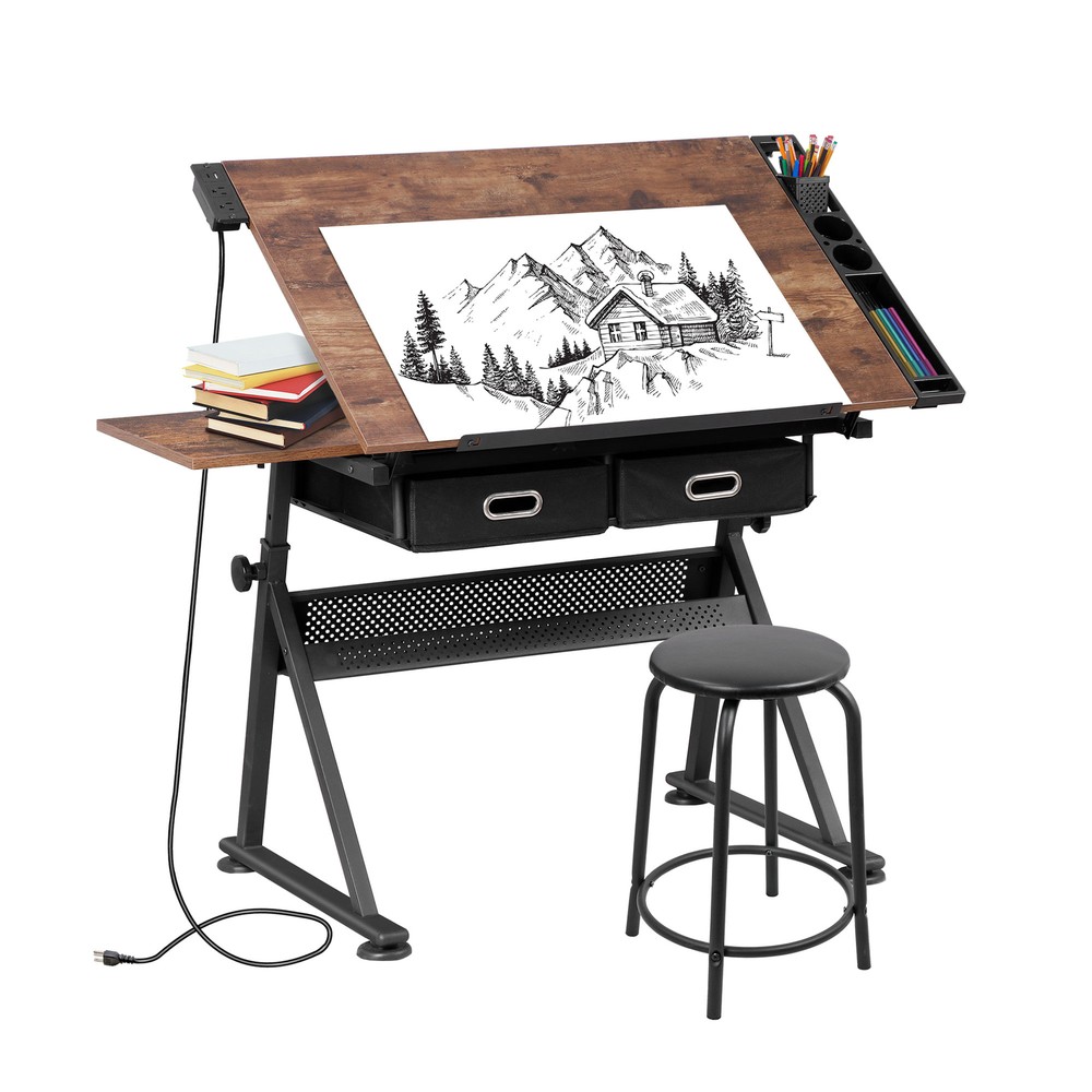 Adjustable Drafting Table & Stool Set Artist Desk with Charging Station Retro