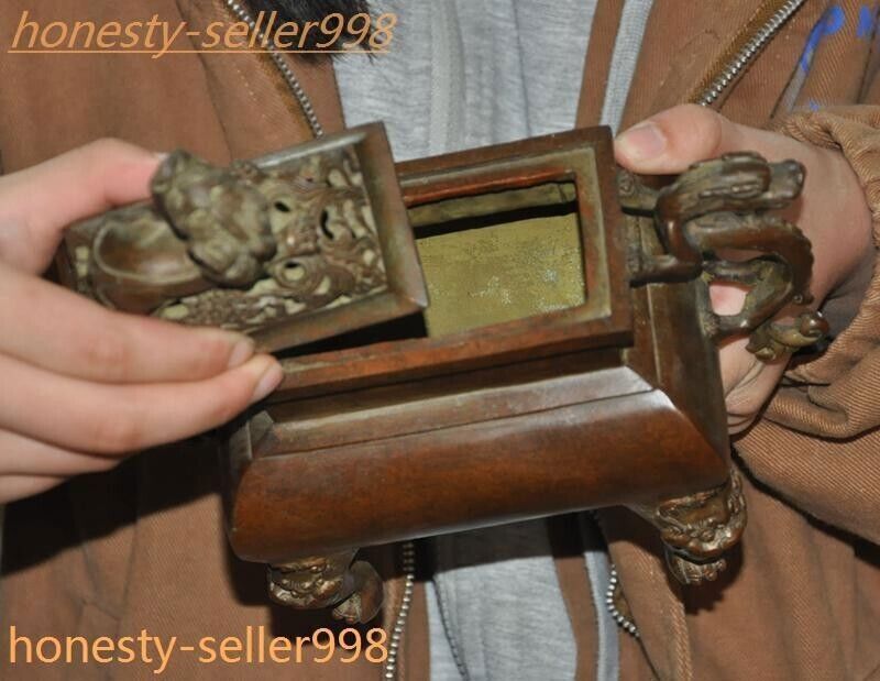 8.6" Ancient Chinese Pure bronze dragon loong beast statue Incense burner censer