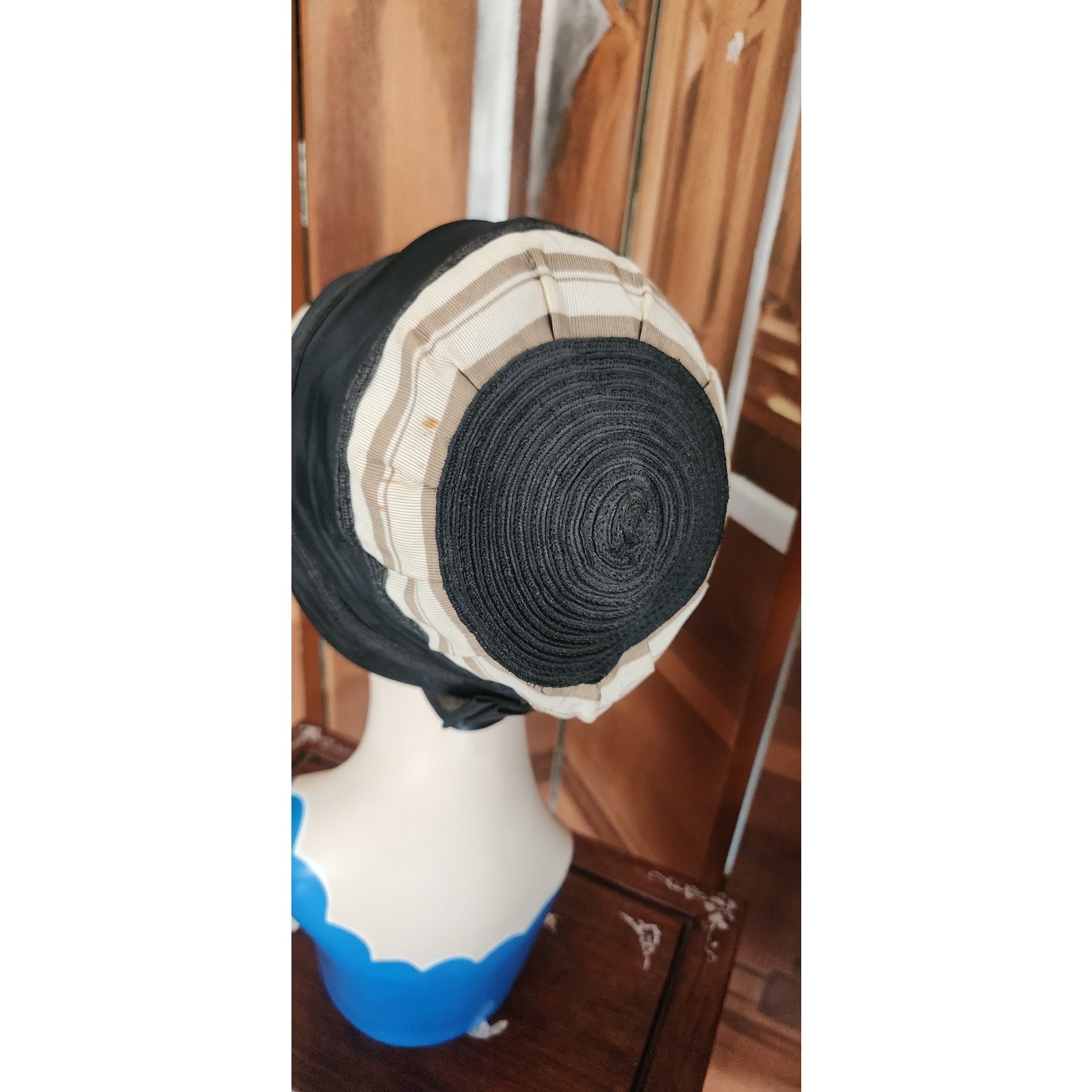 Vintage 20s Cloche Hat Black Beige Silk Tall Toque