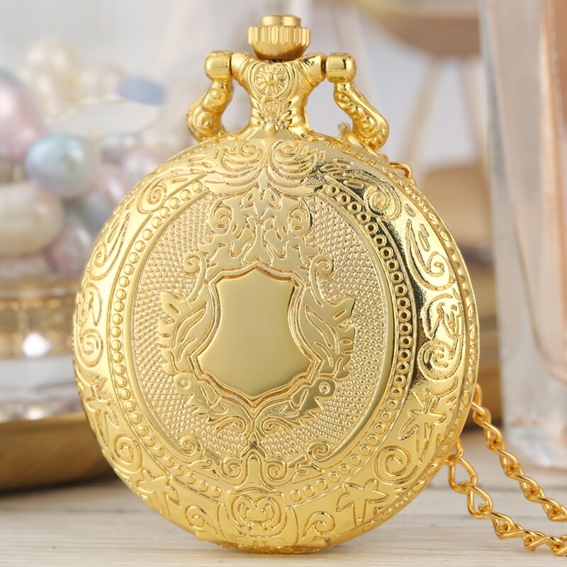 Gold Shield Case Men's Quartz Analog Pocket Watch with Chain Luxury Gifts