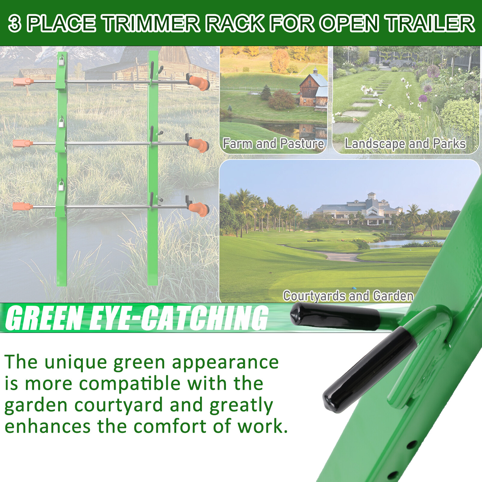 GREEN 3 Place Weedeater Trimmer Racks For OPEN Landscape Truck&Trailer w/ Lock