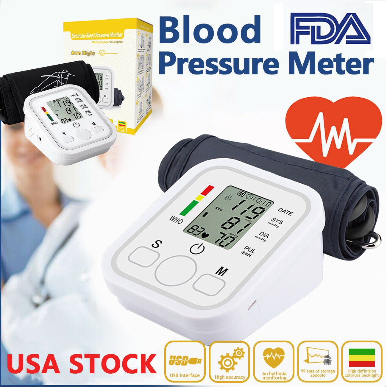 2024 Digital Automatic Blood Pressure Monitor Upper Arm BP Machine Heart Rate HP