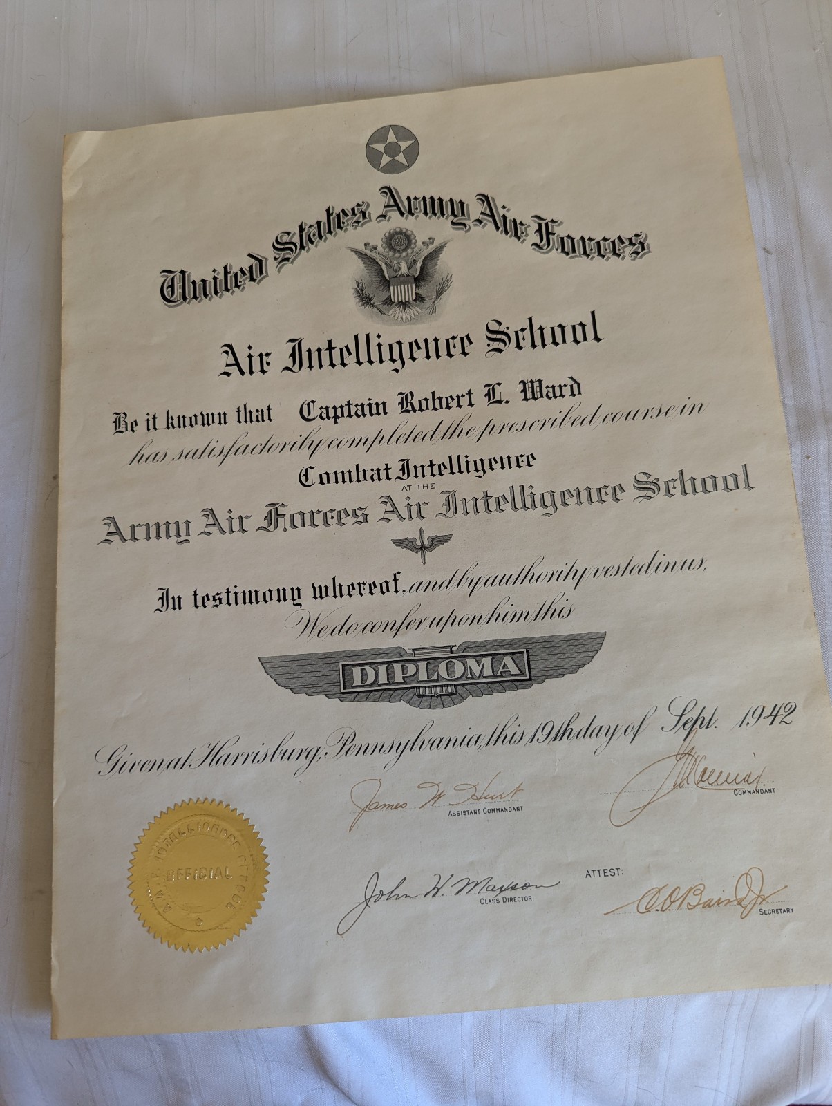 WWII USAF Capt Robert L Ward Air Intelligence School 1942 certificate 12 x 15 in