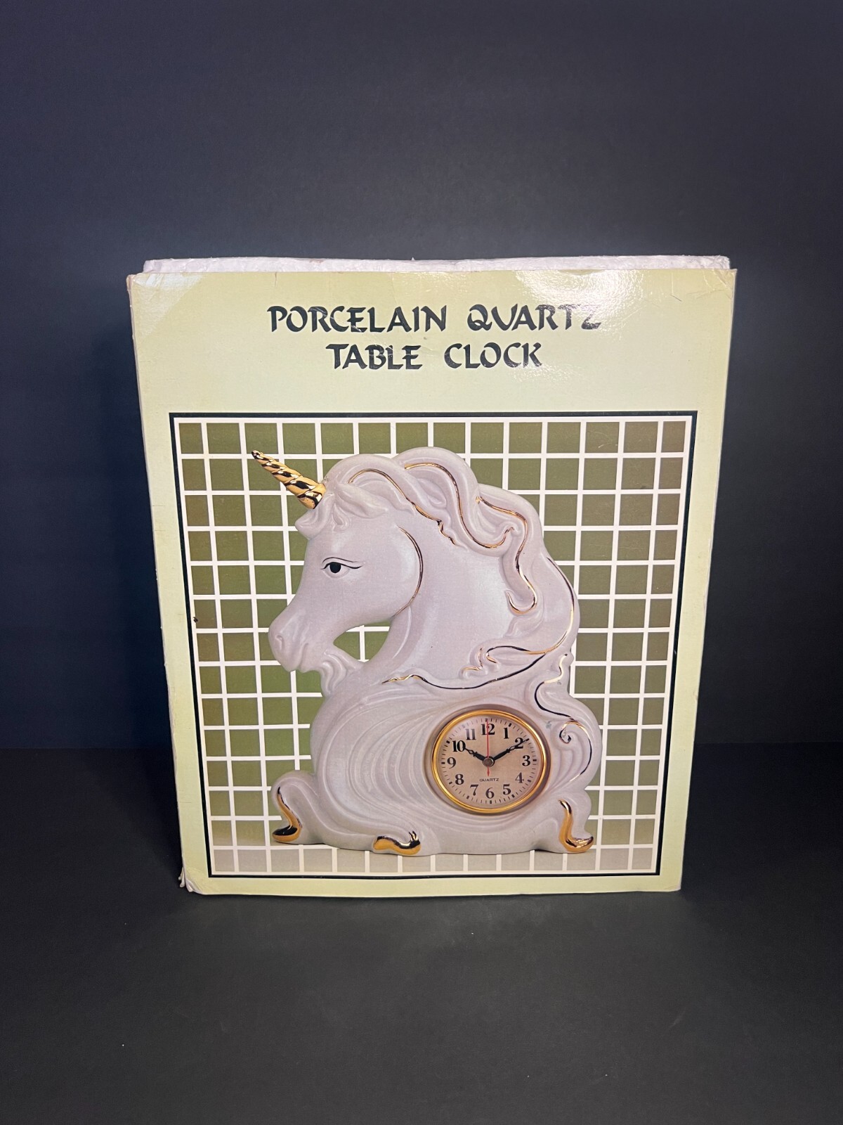 Vintage RARE Hand Painted Porcelain Blue & White Gold Unicorn Quartz Table Clock