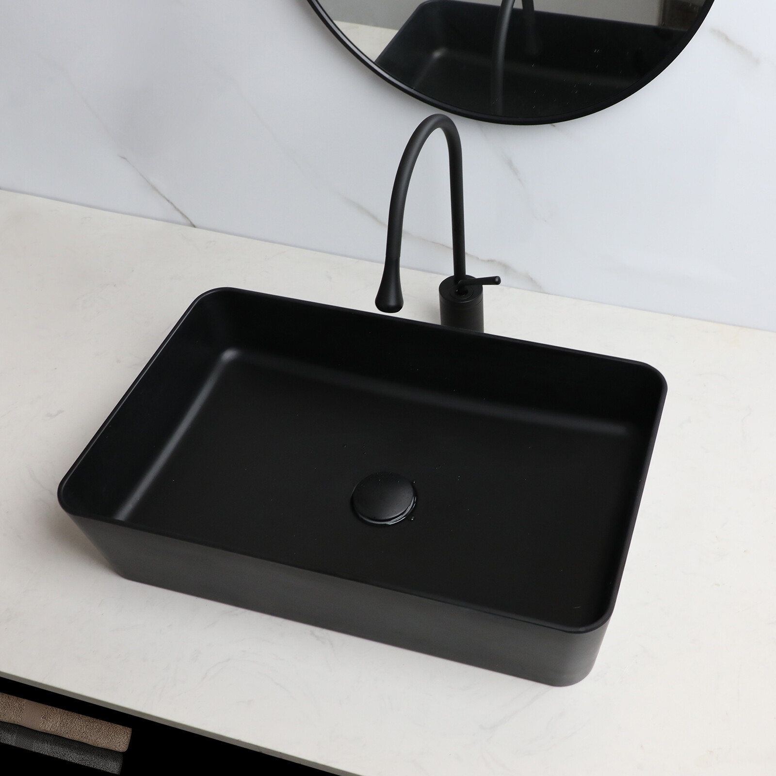 22.4inch Bathroom Vessel Sink Rectangle Resin Basin Bowl &Faucet And Drain Set
