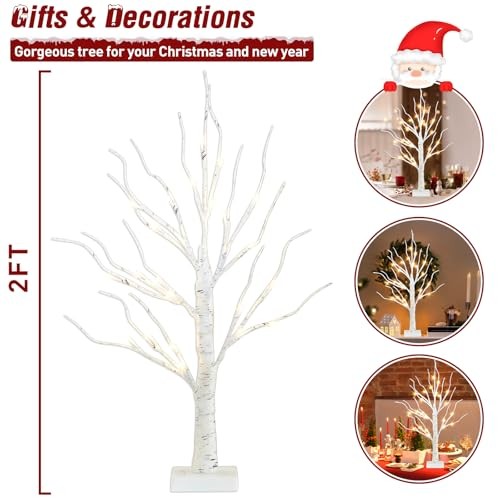 Artificial Tree for Easter Decorations, 2 FT with LED Lights, Warm Birch Tree