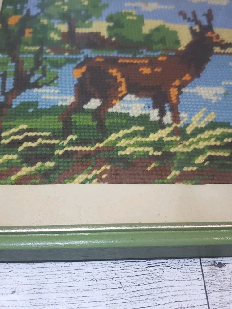 Vtg Handmade Needlepoint Deer Nature Framed