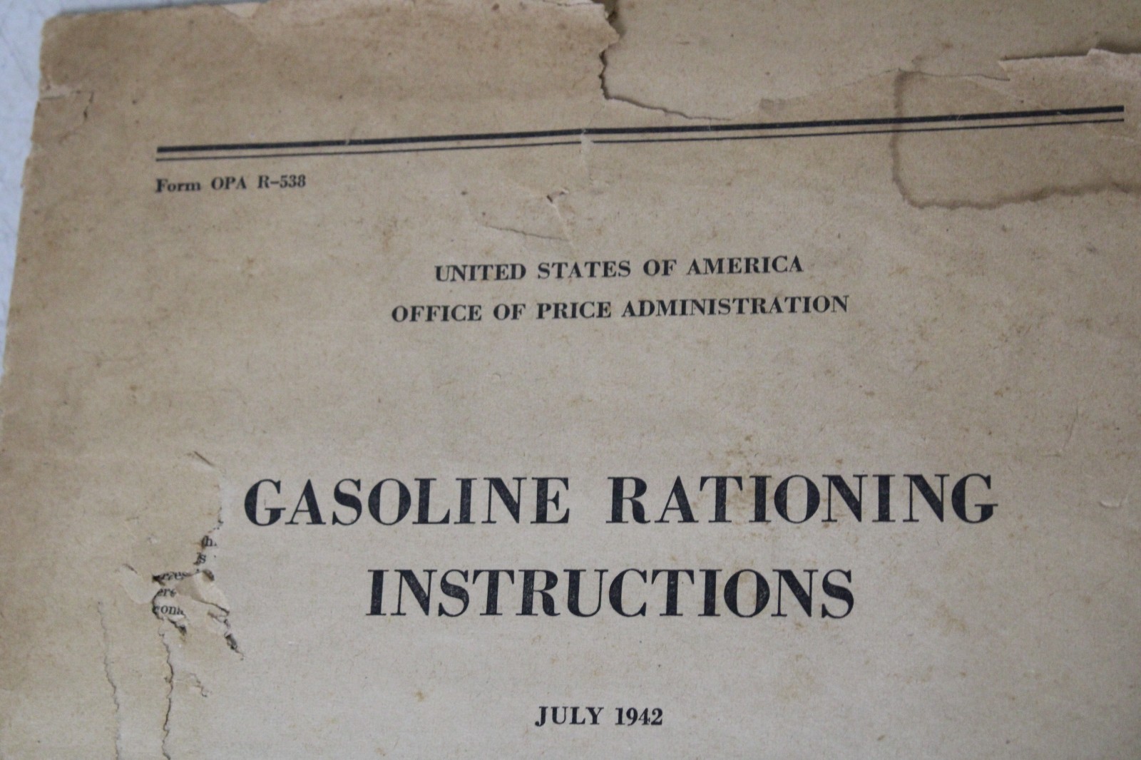 Vintage WWII Form OPA R-538 July 1942 Gasoline Rationing Instructions