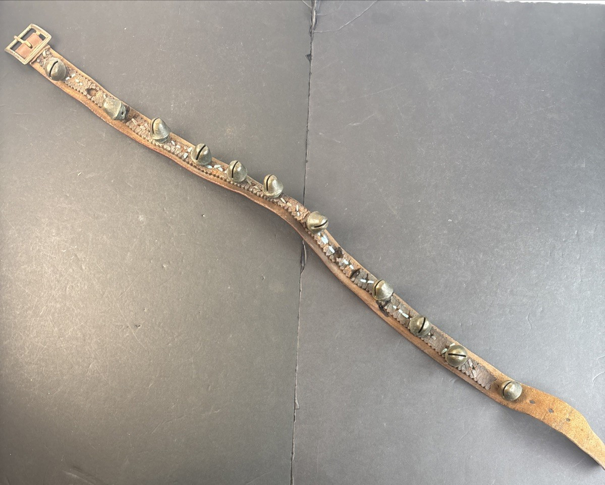 Antique 11 Brass Acorn Sleigh Bells on 41" Leather Strap w/ Copper Rivets VIDEO