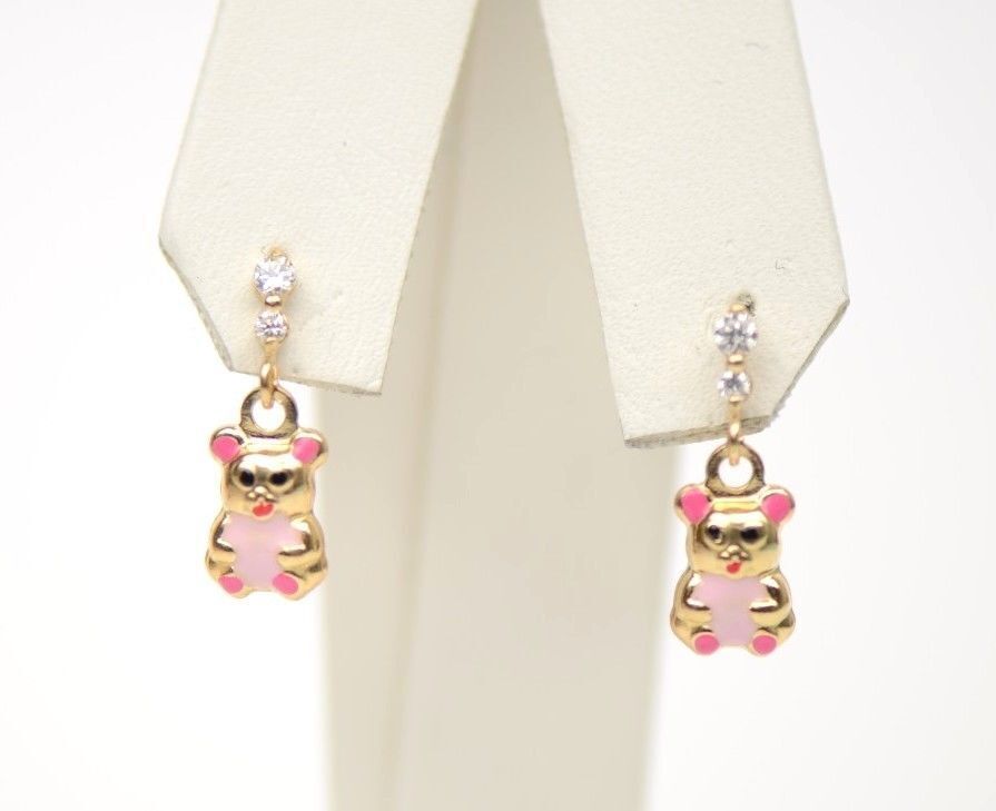 14K Solid Yellow Gold Teddy Bear Dangle Earring with Enamel