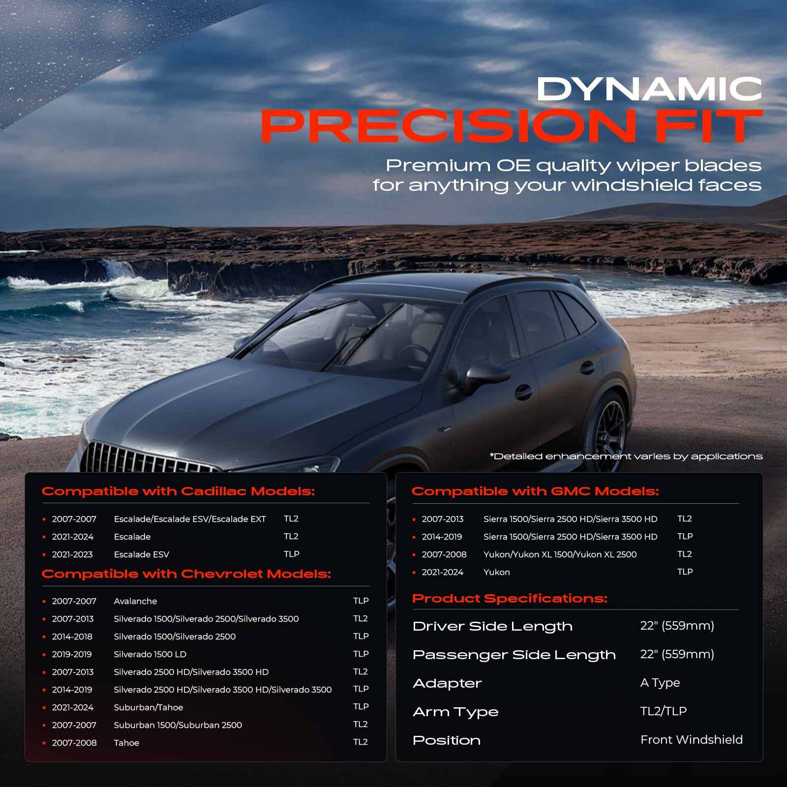 2x Front 22" & 22" Windshield Wiper Blades for Chevy Silverado 1500 GMC Cadillac