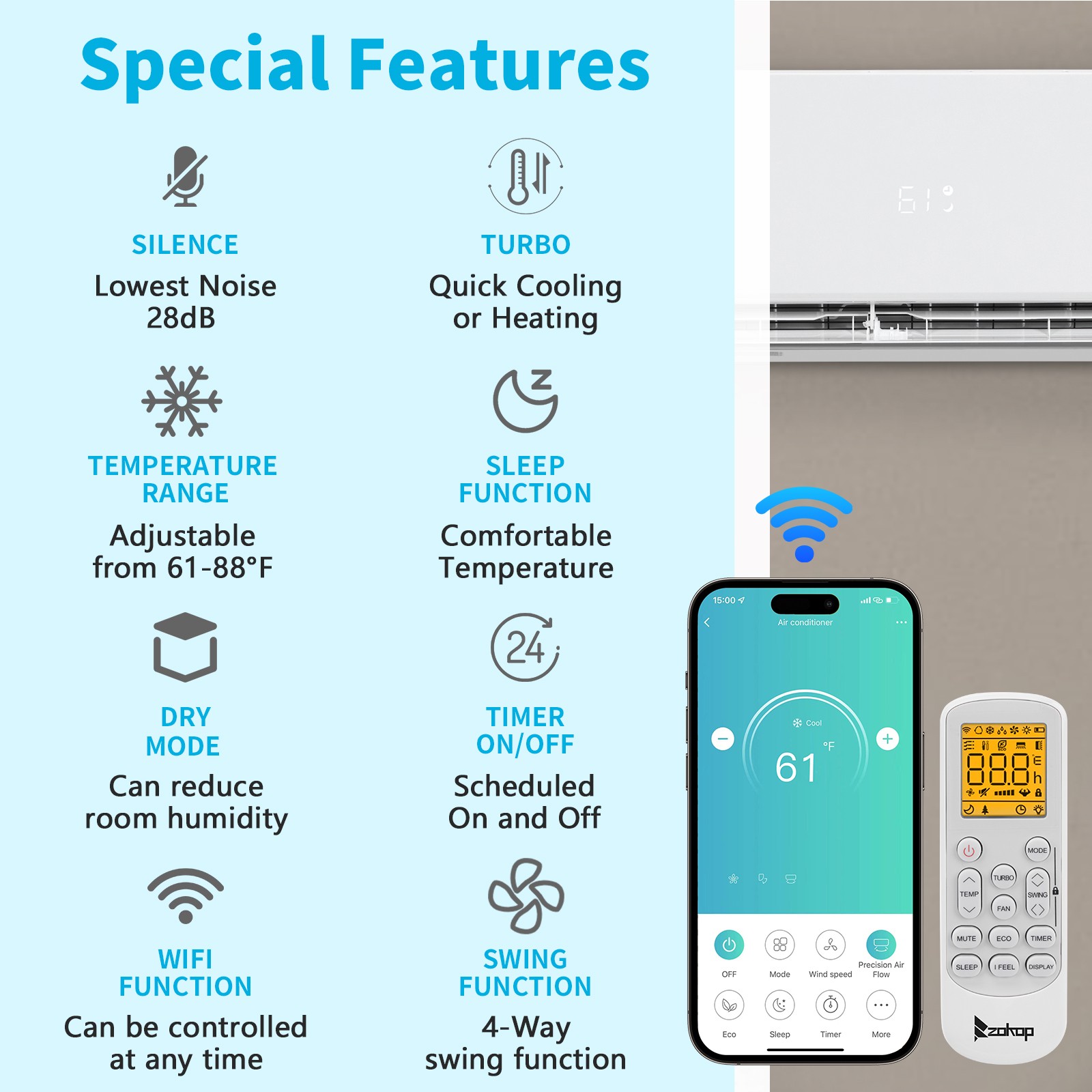 28000 BTU 2 Zone AC Ductless Mini Split Air Conditioner with Heat Pump (9K+18K)