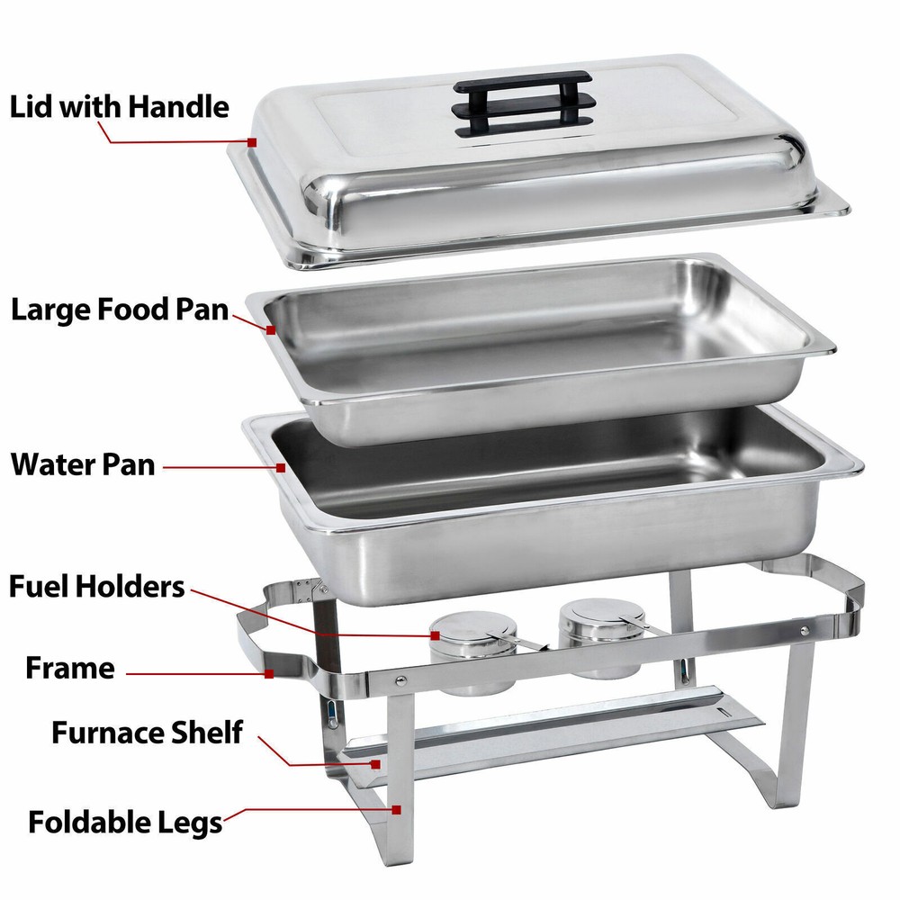 6 Pack 8QT Rectangular Chafing Dish Buffet Set Stainless Steel Full Size Chafer