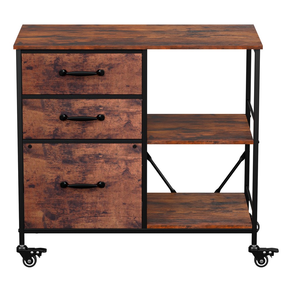 Mobile File Cabinet w/ 3 Drawers & Open Shelf Rolling Printer Stand Rustic Brown