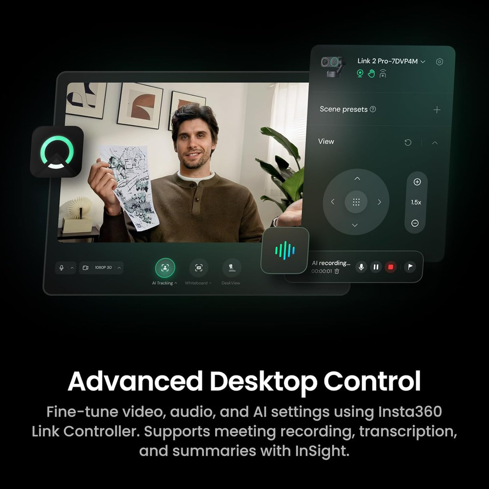 Link 2 Pro – 4K PTZ Webcam for Pc/Mac, 1/1.3” Sensor, Low-Light, AI Tracking, HD