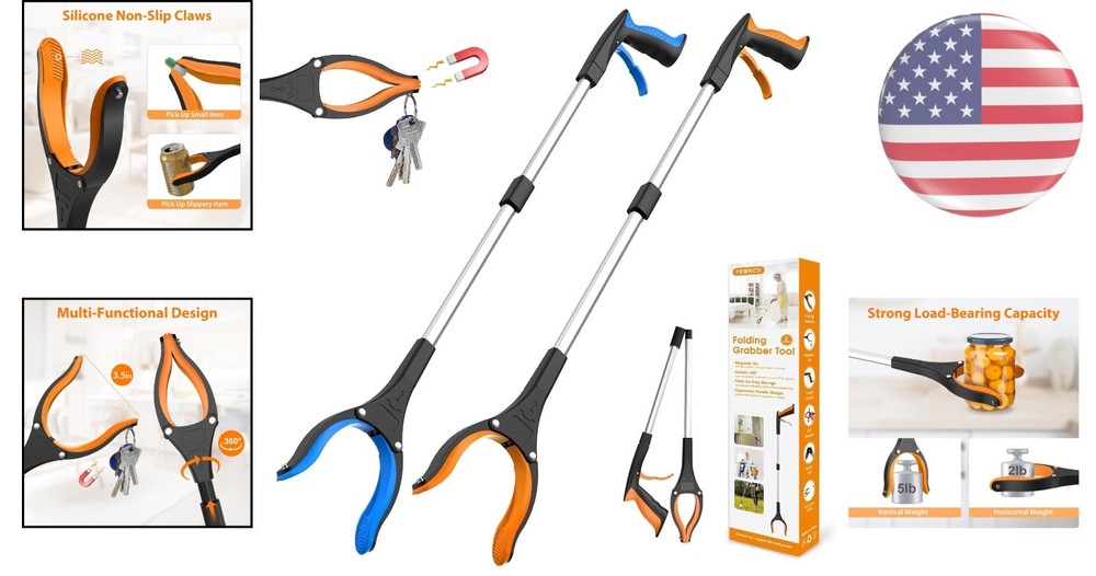 32" Grabber Reacher Tool – 2-Pack Foldable Pickup Tool with 360° Grip & Magnet