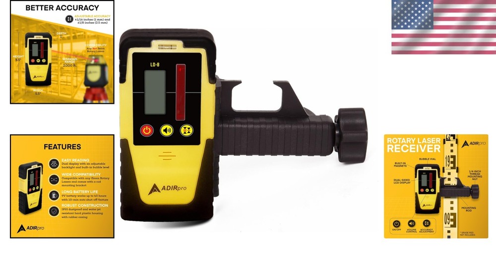 Universal Laser Detector Receiver - Dual Display, 2000ft, Built-in Bubble Level