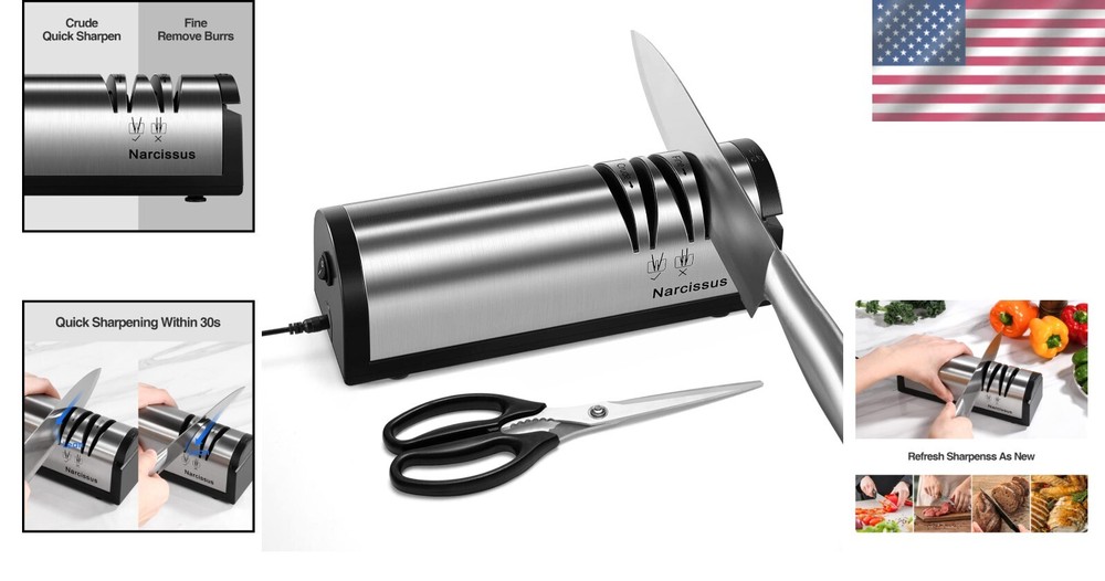 Professional Electric Knife Sharpener with Scissors Attachment - 2 Stage Designs