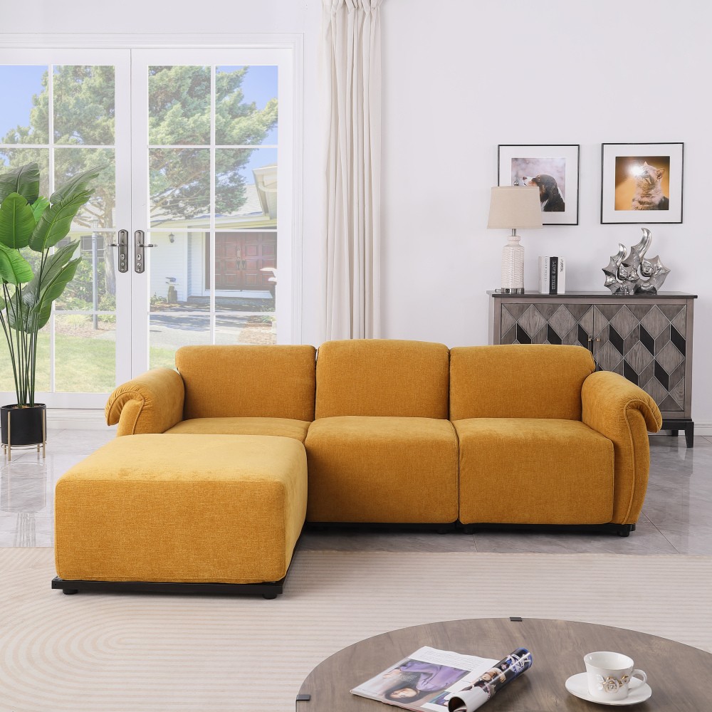 Chenille 2 Seat Sofa Sectional with Iron Frame, Yellow