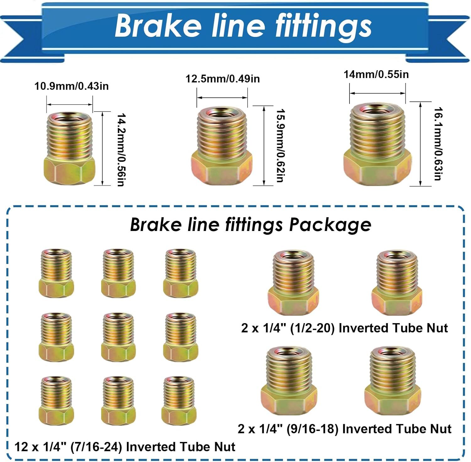 Brake Line Tubing Kit Copper Nickel 25 Ft Coil Roll 1/4'' OD with 16 Fittings