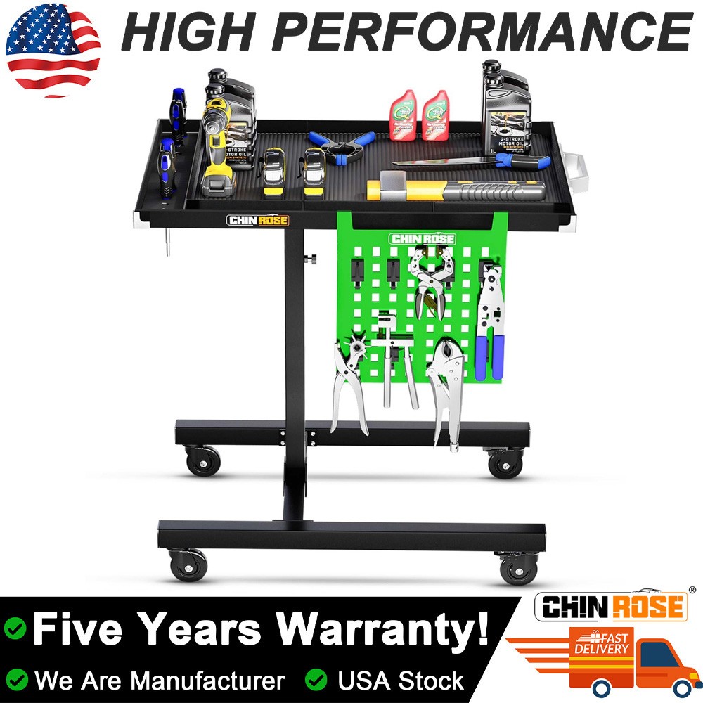 Rolling Tool Tray with Wheels Adjustable Height Mobile Work Table 500Lb Capacity