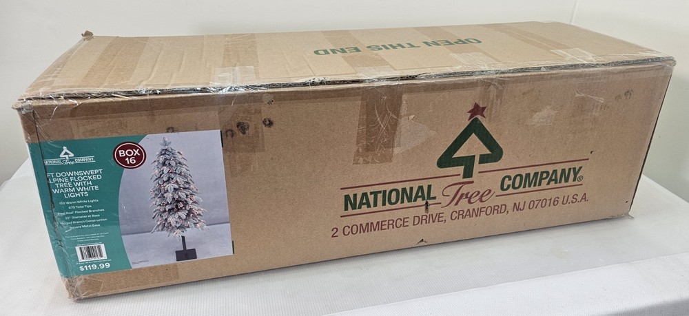 5 ft. Pre-Lit Snowy Downswept Alpine Flocked Tree w/ Warm White Lights EUC