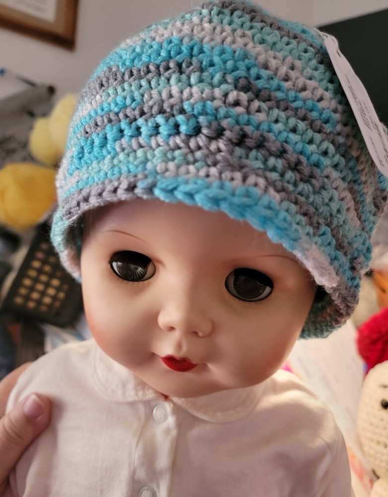 Handmade Crocheted Multi-Colored Infant Beanie Hat. Approx 21" Circ & 7' Long