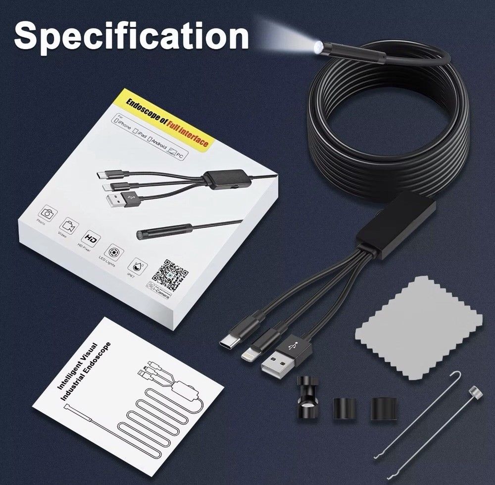 Endoscope Camera with Light for iPhone and Android, 16.5ft Semi-Rigid Snake