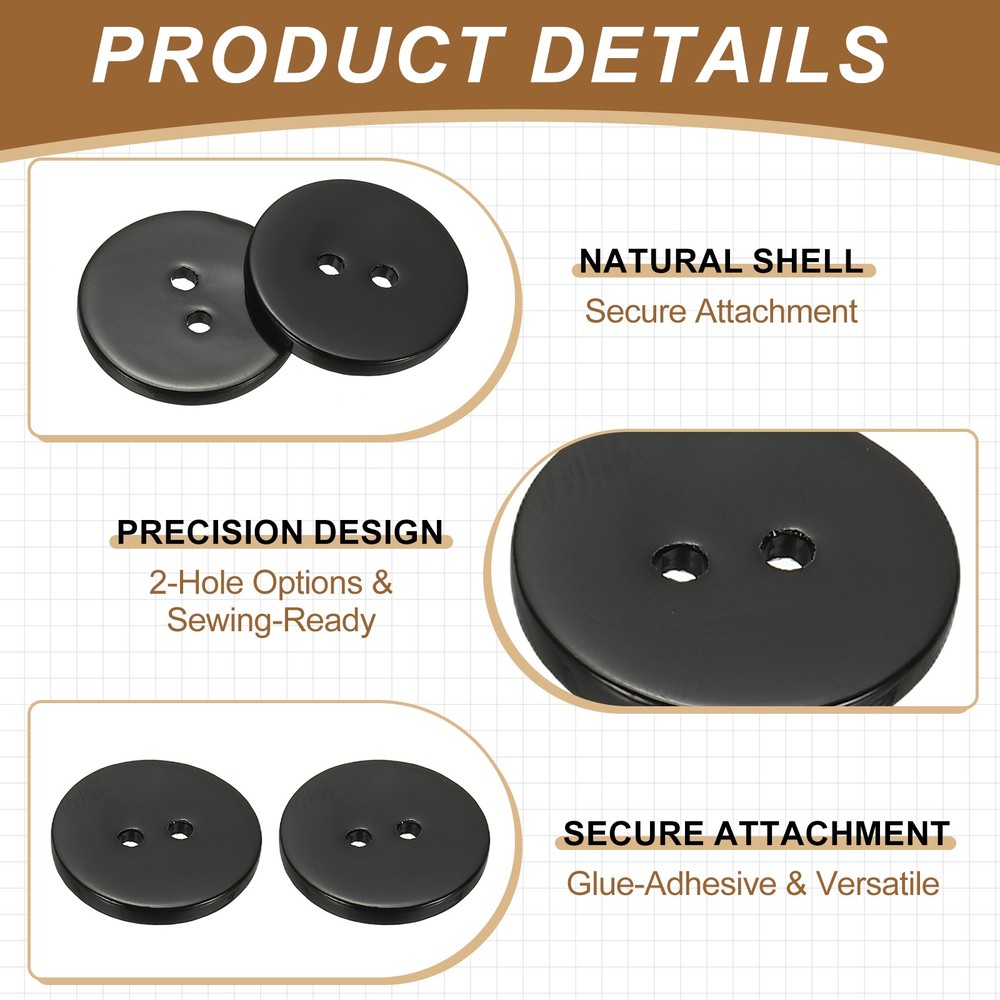 Natural Shell Button 2 Hole Shell Round Sewing Buttons 12.5 mm & 50 Pack & Black