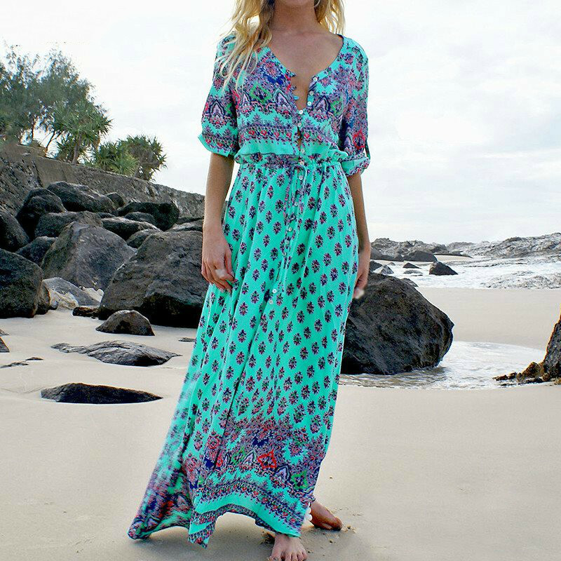 Women's Casual Sundress Boho Beach Slit Long Maxi Floral Summer Beach Dress